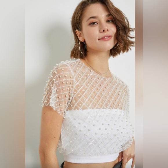 NanaMacs Pearl Embellished Sheer Blouse bachelorette bridal - Picture 2 of 3